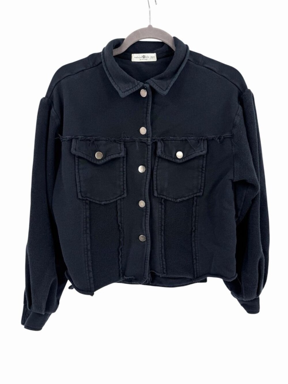 NATURAL LIFE Women's Black Terry Lined Long Balloon Sleeve Crop Shacket XS/S